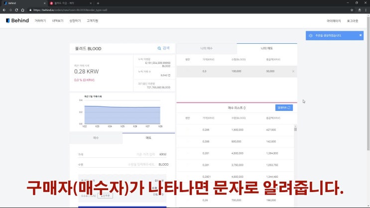  비하인드 Behind 거래소 거래방법 블러드코인 현금화 수익화 판매방법 동영상 가이드