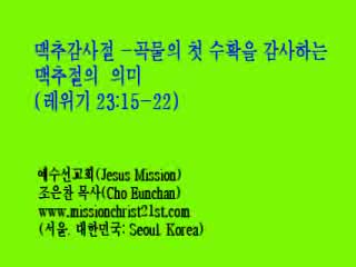  2019 맥추감사절, 주일, 예배, 설교-곡물의 첫 수확을 감사하는 맥추감사절의 의미(레위기 23:15-22), 조은찬 목사, 예수선교회, Cho Eunchan