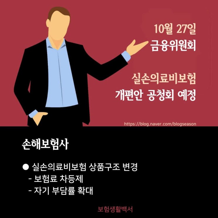  제2의 국민건강보험 실손의료비보험 보험료 차등제, 자기 부담률 확대 등 상품구조 개편안 놓고 10월 27일 금융위원회 공청회 예정