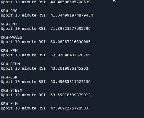  2021년 업비트 UPBIT API를 이용하여 모든 원화마켓 종목 RSI 표시해주는 파이썬 코드 입니다. (10분봉)