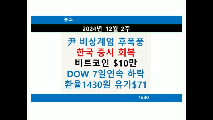 뉴스 주간 요약, 윤석열 대통령 비상계엄 후폭풍, 한국증시회복, 비....