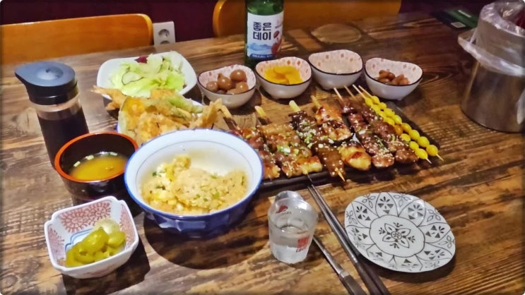  해운대 이자카야는 하루 좌동회식장소 텐동과 꼬치에 소주 한잔
