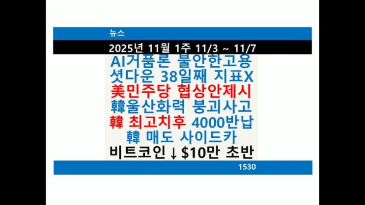 [뉴스 주간]韓 코스피 4000 반납, 美 셧다운 38일째 민주당 협상안 제....